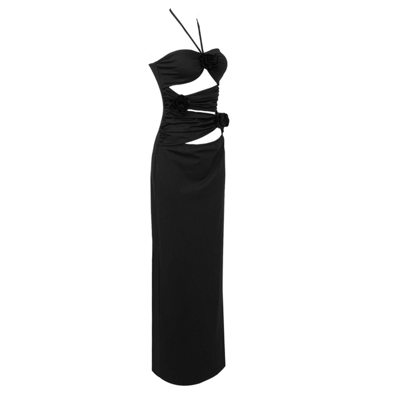 black cut out flower maxi dress