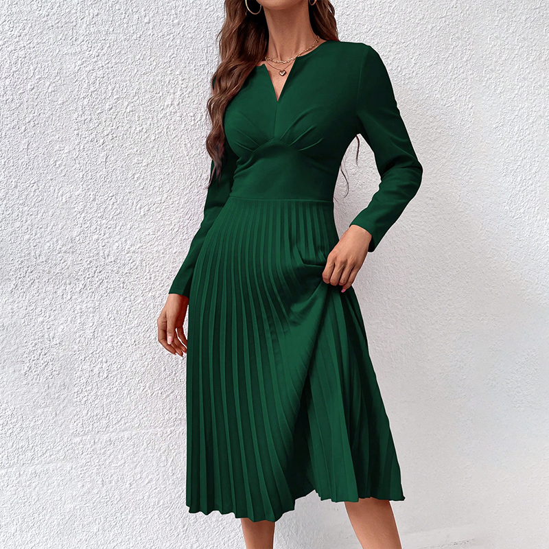 pleated long sleeve midi women dress